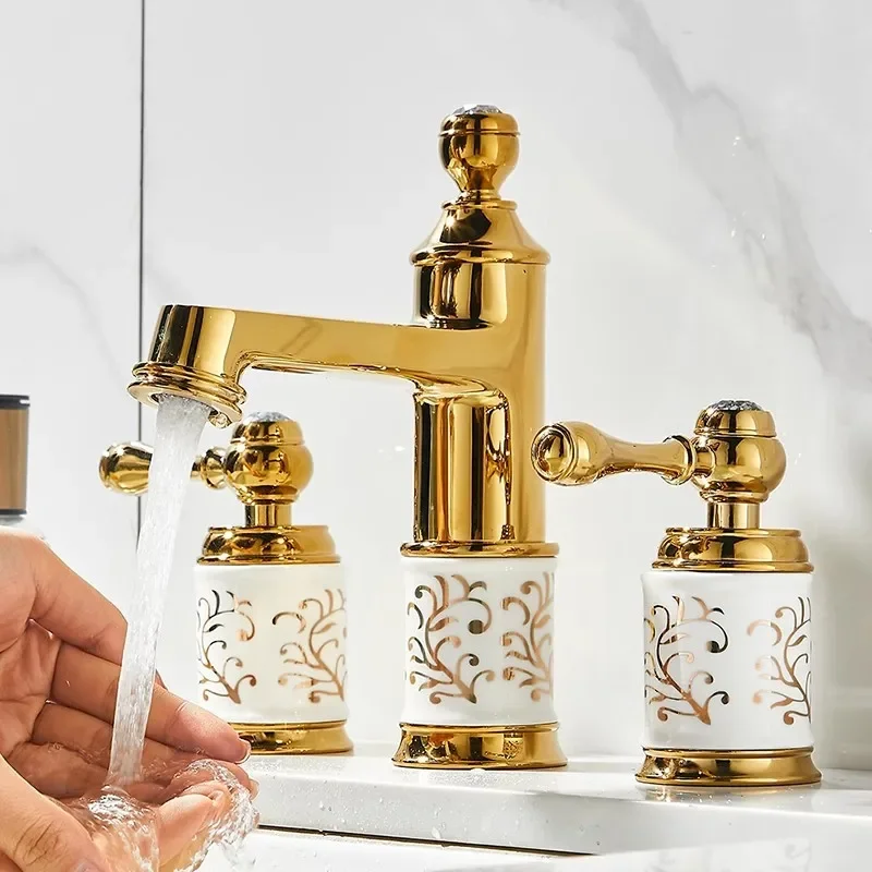 

Золотой керамический смеситель для ванной комнаты, широко распространенный латунный смеситель для раковины, роскошный смеситель для раковины, смеситель для раковины в душевой комнате