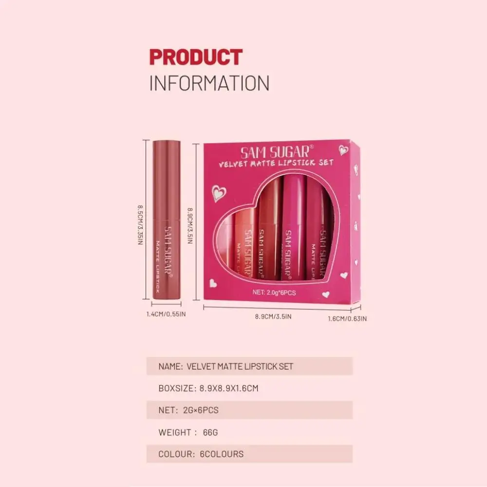 مجموعة أحمر شفاه مخملي غير لامع مكونة من 6 ألوان، طقم مكياج بلسم شفاه مقاوم للماء، لمسة نهائية ناعمة مصبوغة للغاية #6