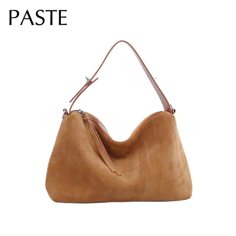 Bolso de mano sencillo de otoño e invierno para mujer, bolso grande Boston espacioso, color gris y marrón, de ante suave y mate, de cuero de vaca, bolso de hombro