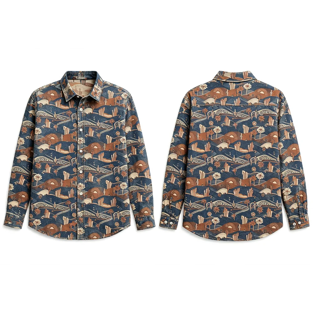 Western Desert Landscape Print Cotton Shirts Autumn Cactus Graphic Long Sleeve Tops Street Men Vintage Casual Button Down Shirt