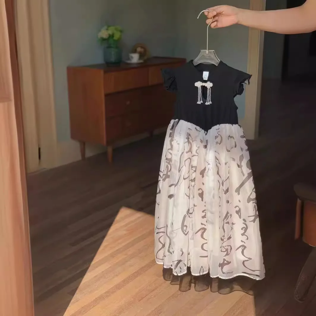Girls Dress Summer 2025 New Children's New Chinese Ink Painting Pan Top Princess Dress Ancient Elegant