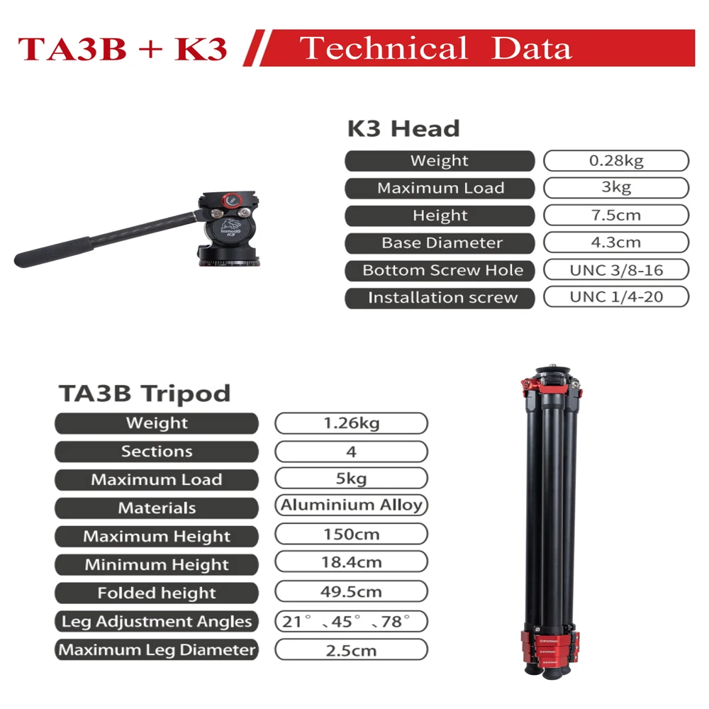 IFOOTAGE Tripod Gazelle TA3B with K3 Fluid Head, Professional Portable Travel Tripod Kit for Canon Nikon Sony  Cameras