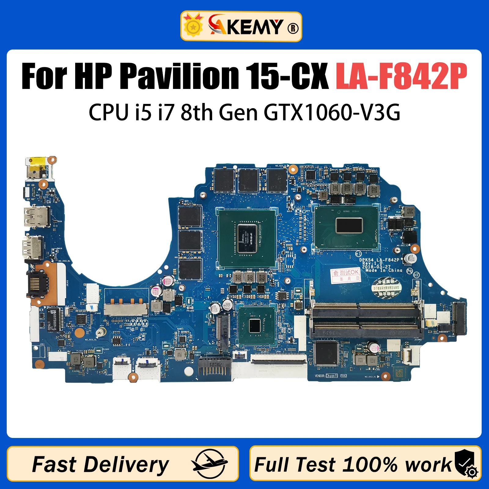 

AKEMY L20304-001 L20304-501 L20304-601 Mainboard For HP 15-CX Laptop Motherboard LA-F842P With I7-8750H GTX1060