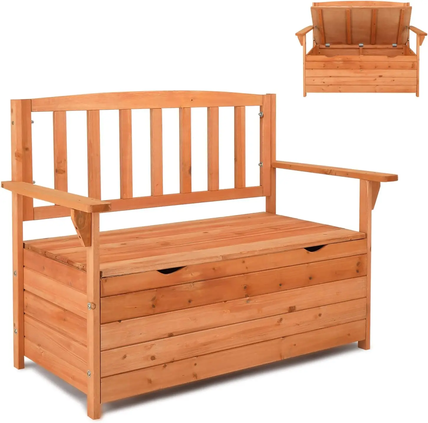 

Outdoor Wood Storage Bench, Wooden Large Deck Box with Seating & Armrest, Waterproof Patio Organizer Loveseat