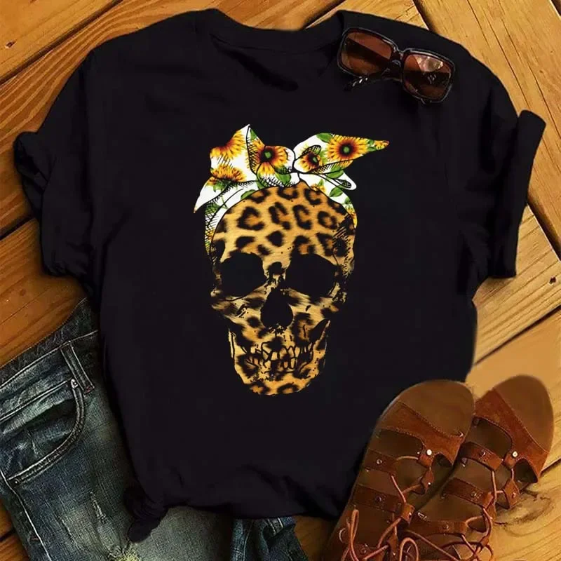 Moda Leopard nadruk z czaszką koszulka damska letnia luźna czarna koszulka damska Casual wokół szyi topy w stylu Harajuku ubrania damskie — zdjęcie 4