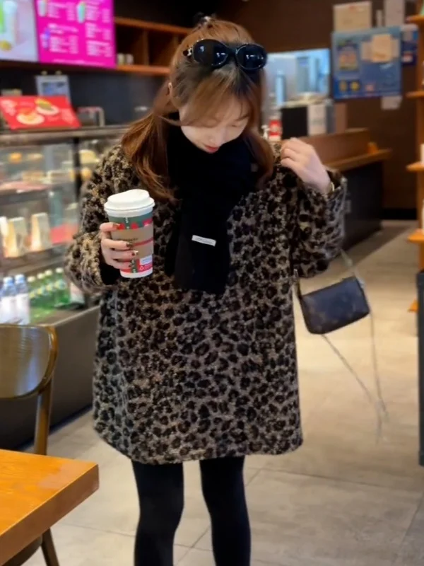 

Loose Fit Long Sve Hoodie Women's Korean Sle Lazy Leopard Print Velvet Sweatirt Autumn Winter New Arrival Slimming Top