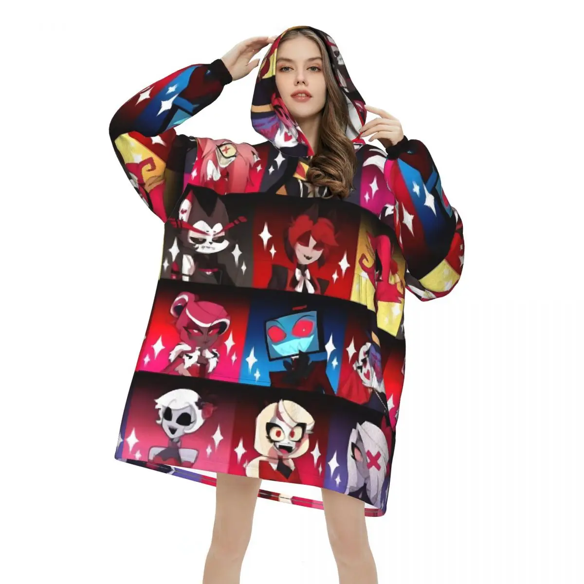 Hazbin hotéis aventuras cobertor com capuz oversized wearable engraçado tv moletom cobertor presentes quentes para mulheres meninas namorada