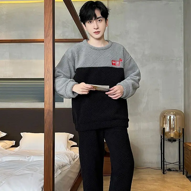 

2025 New Winter Long Sleeve Patchwork Thick Warm Flannel Pajama Sets For Men Coral Velvet Sleepwear Pyjama Homewear Home Clothes
