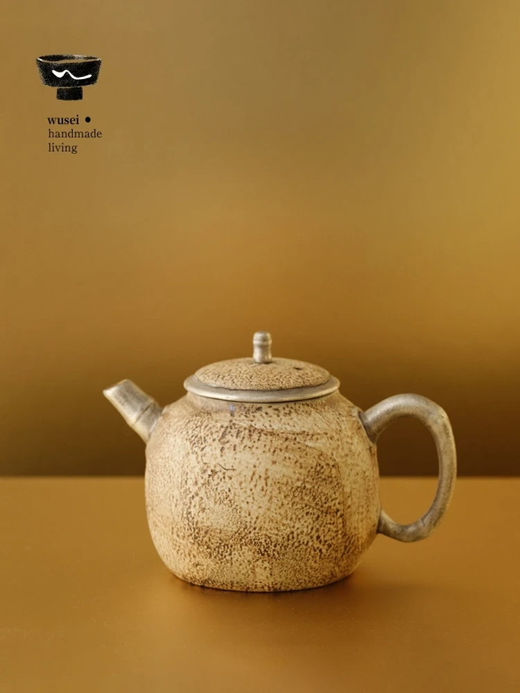 Wusei Ancient Silver Bamboo Handle Teapot Stone Pattern Ceramic Tea Pot Eastern Style Business Gift Handmade Ball Hole Filter