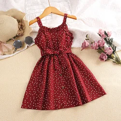 Kids Dress For Girls 4-7Years Red Polka Dot Strap Dress Comfortable And Cool