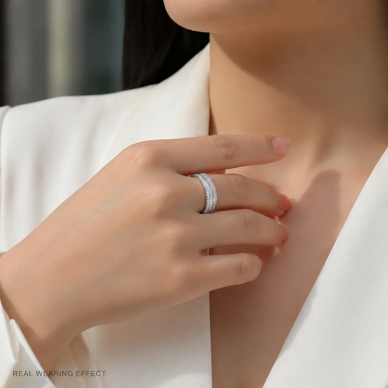 LongZhe S925 Sterling Silver Moissanite Ring Baguette Cut Pave Wide Band Stackable Silver 925 Rings Daily Jewelry Gift for Women