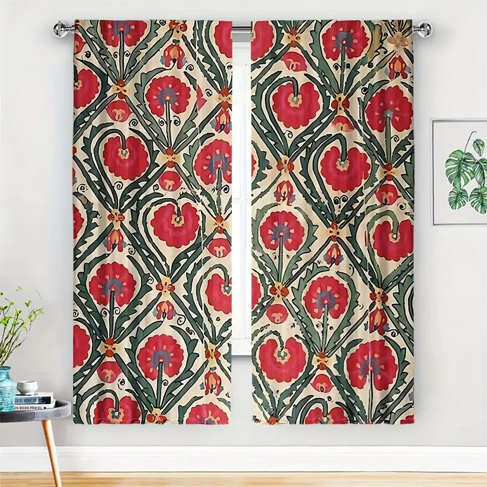 Elegant Botanical Floral Curtains Red Green Pair Vintage Style Window Drapery Luxury Curtain Panel for Living Room Bedroom Decor