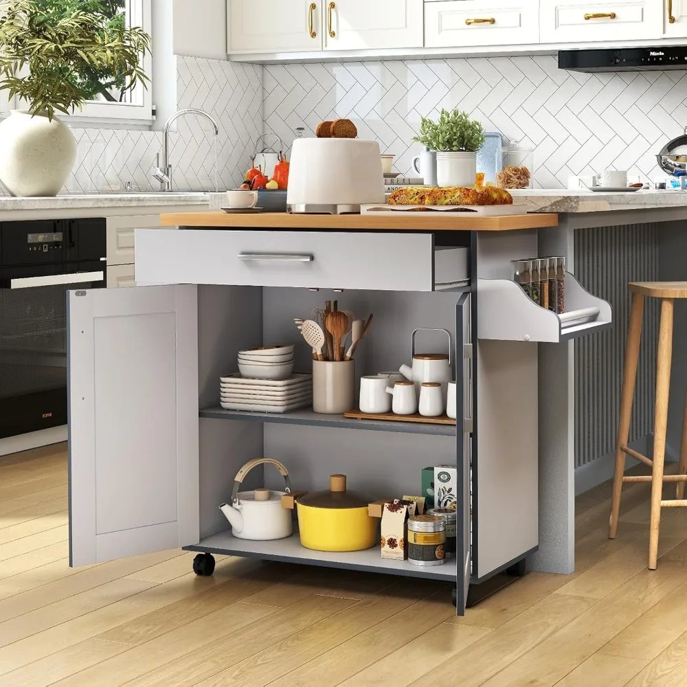 

Kitchen Island On Wheels, Rolling Storage Trolley Cart with Large Cabinet, Drawer, Spice Rack and Towel Rack, Kitchen Island