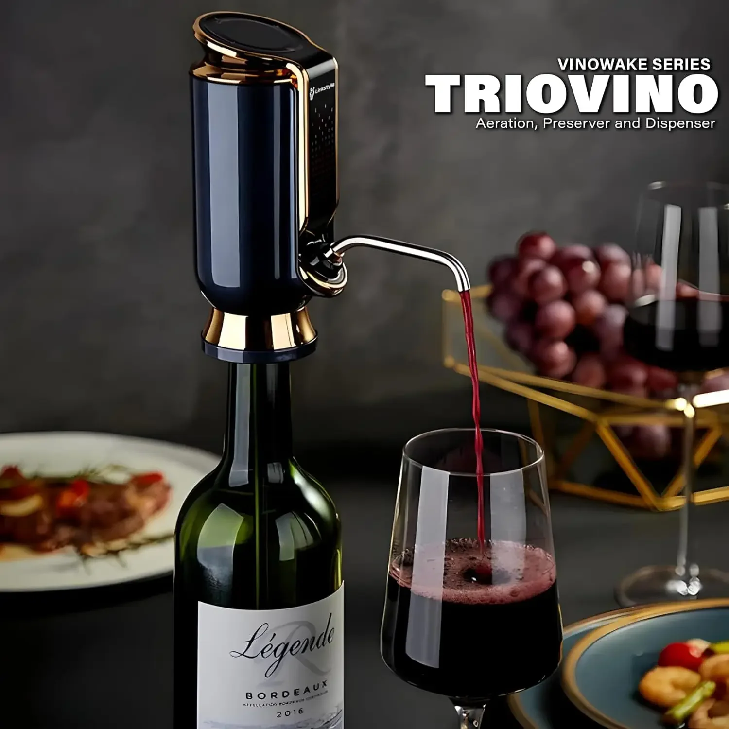 

VINOWAKE Triovino Electric Wine Aerator, Dispenser and Preserver By LINKSTYLE — 3-in-1 Instant Aeration For Improved Taste, Meas