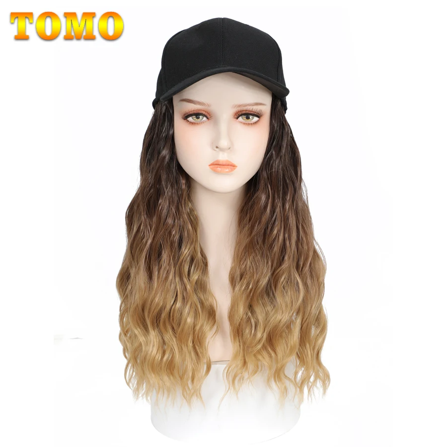 

TOMO Baseball Cap With Curly Wigs Ombre Color Long Curly Synthetic Hair Extensions Black White Adjustable Wig For Women