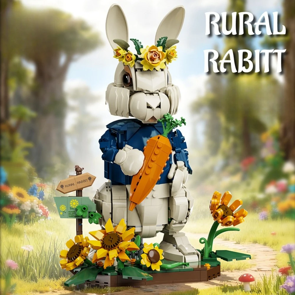 MOC Sunflower Animal Rural Bucktooth Rabbit Building Blocks Set Cute Easter Bunny Idea Toys For Children Birthday Holiday Gifts