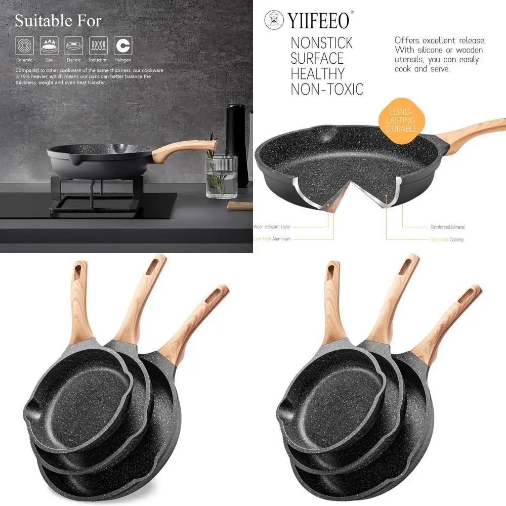 

Набор посуды из гранита с антипригарным покрытием: сковороды без PFOA/PTFE, подходят для индукционных плит, идеально подходят для яиц и омлетов