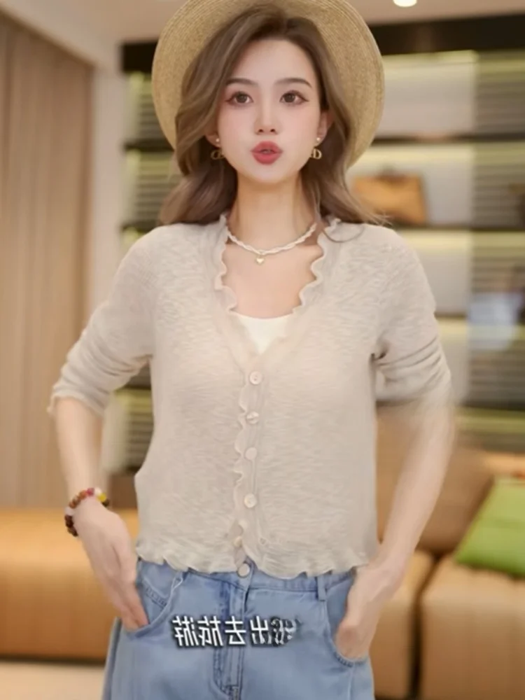 

Ele V-Ne Вязаный топ из ледяного шелка, эластичный, для похудения, летняя защита от солнца, модная возрастная корейская машина...