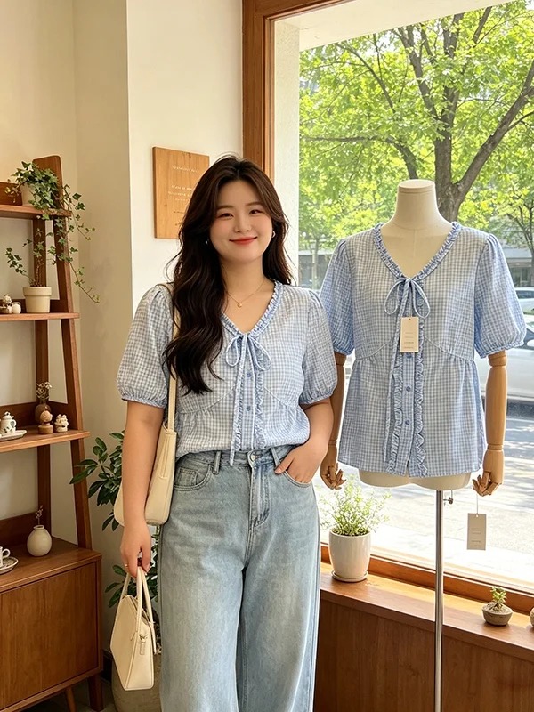 

plus Size Women's Fashion Design V-Neck Plaid Belted Slimming Top Summer 2026 Korean Style Commute Wind Short Sleeve Blouse