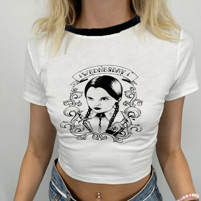 Y2k Wednesday Addams Funny T Shirt Women Kawaii Cartoon Punk Nevermore Academy T-shirt Gothic Harajuku Tops Anime Tshirt Female