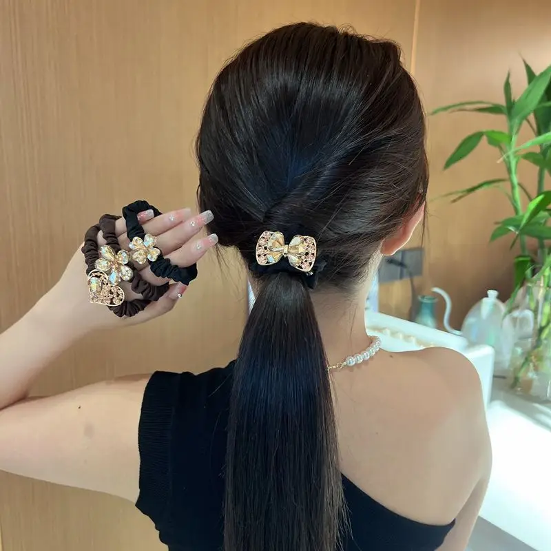 Champagne Crystal Elastic Hair Ties For Women Sparkly Flower Heart Bow Shaped Head Band Black Skinny Scrunchies For Bun Ponytail