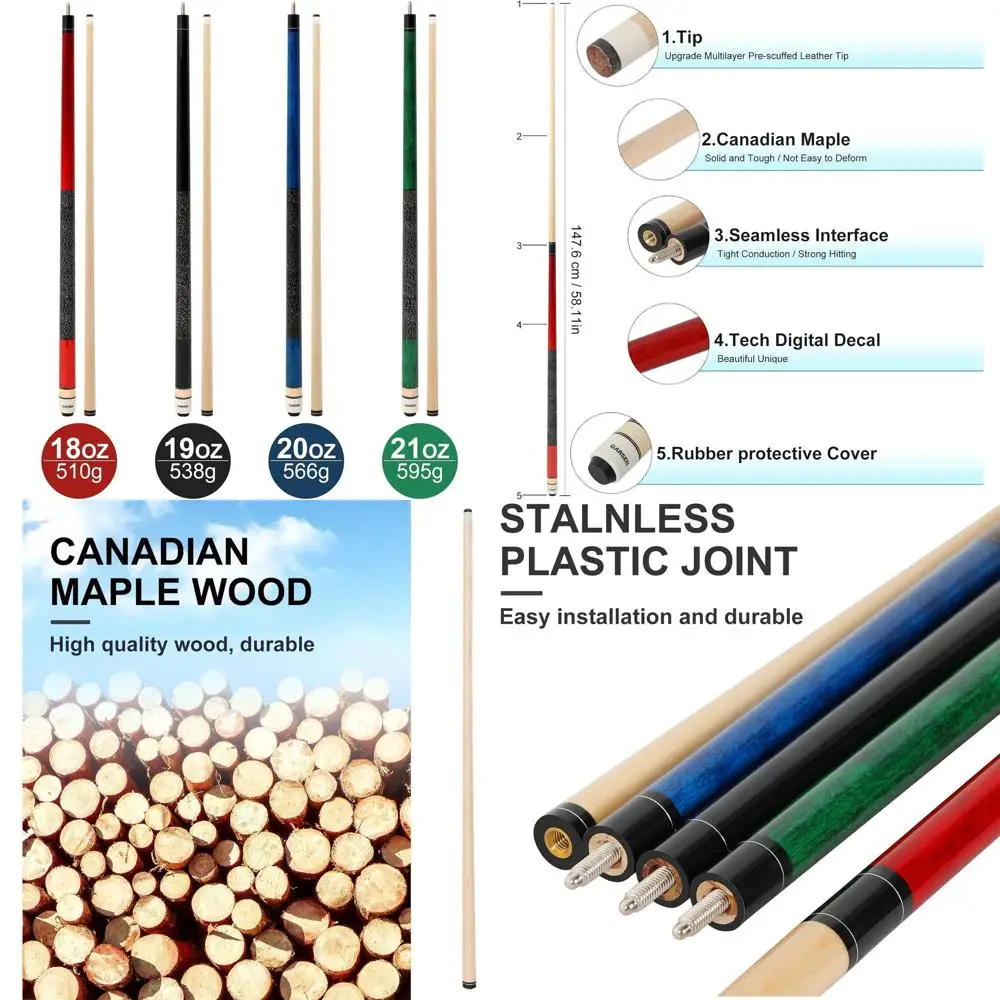 

58-inch Billiard Cue Stick, 18 to 21 oz Weights, Ideal for Pool House and Bar Games