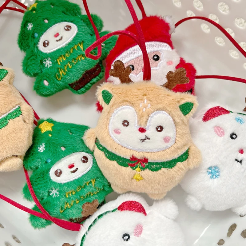 Cartoon Squeak Santa Claus Elk Snowman Name Sticker Plush Keychain Name Tag Keyring School Bag Pendant Key Hanging Decoration