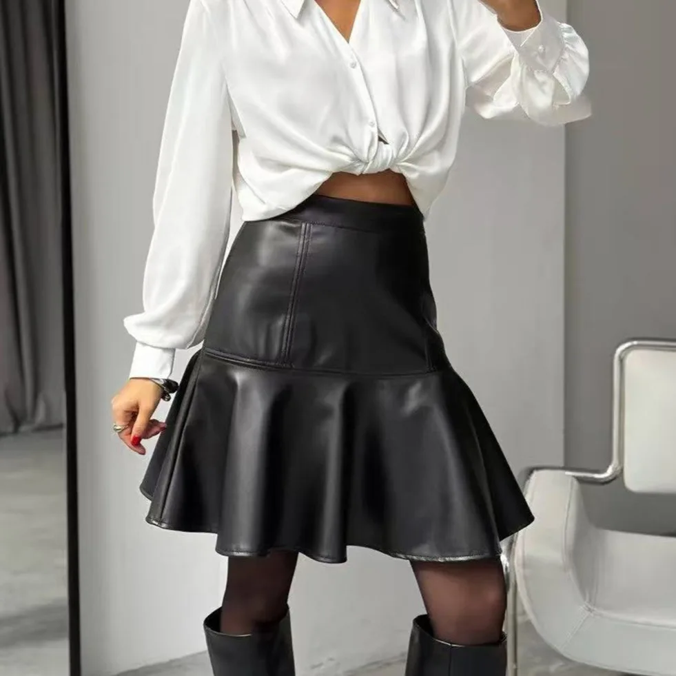 

SsTss Elegant Lady High Waist Faux Leather Skirt Women Fashion Black Slim Fit Ruffle Hem Mini Skirt for Office Work Party Wear