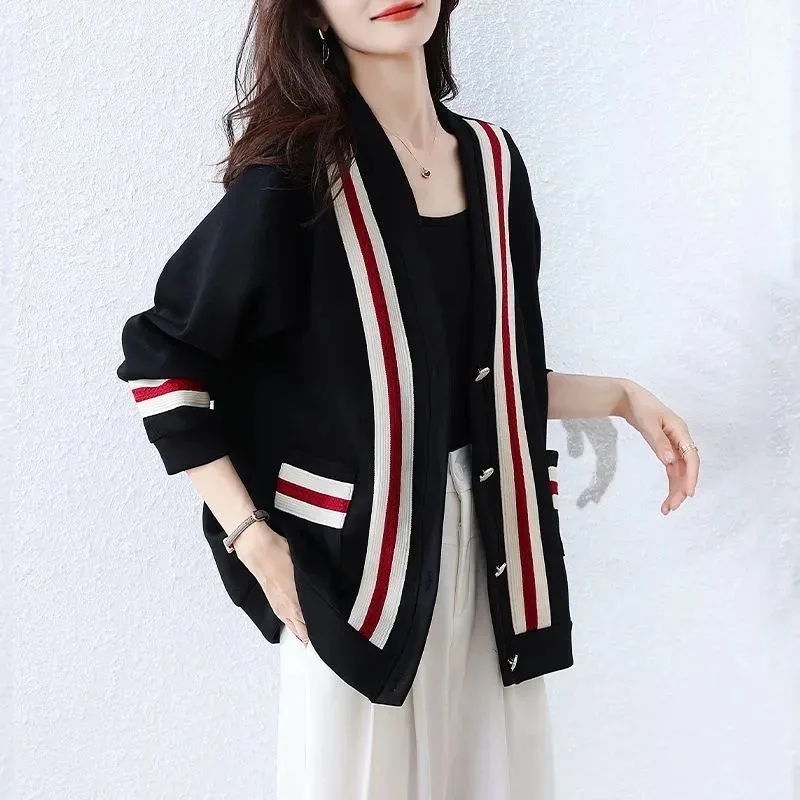 

Long-sleeved Pullover Loose Casual Coat for Women Autumn and Winter Korean Style Fashion Contrast Cardigan Top