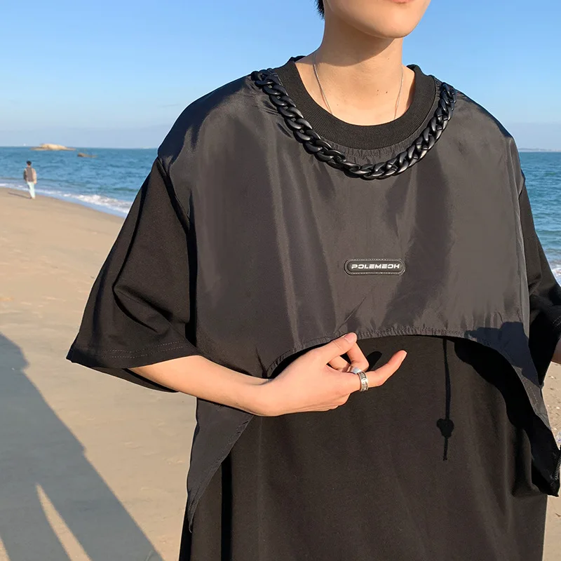 EBAIHUI Vintage High Street Necklace Fake Two Piece Short Sleeved Tshirt Black Cool Men Tee Summer Round Neck Loose Handsome Top