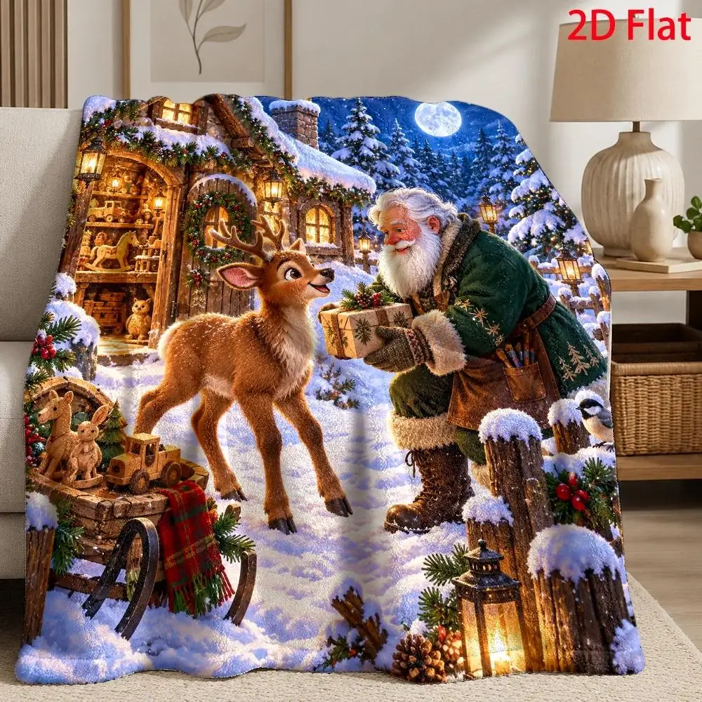 Cozy Christmas Scene Throw Blanket Santa Reindeer Winter Forest Holiday Decor Xmas Gift