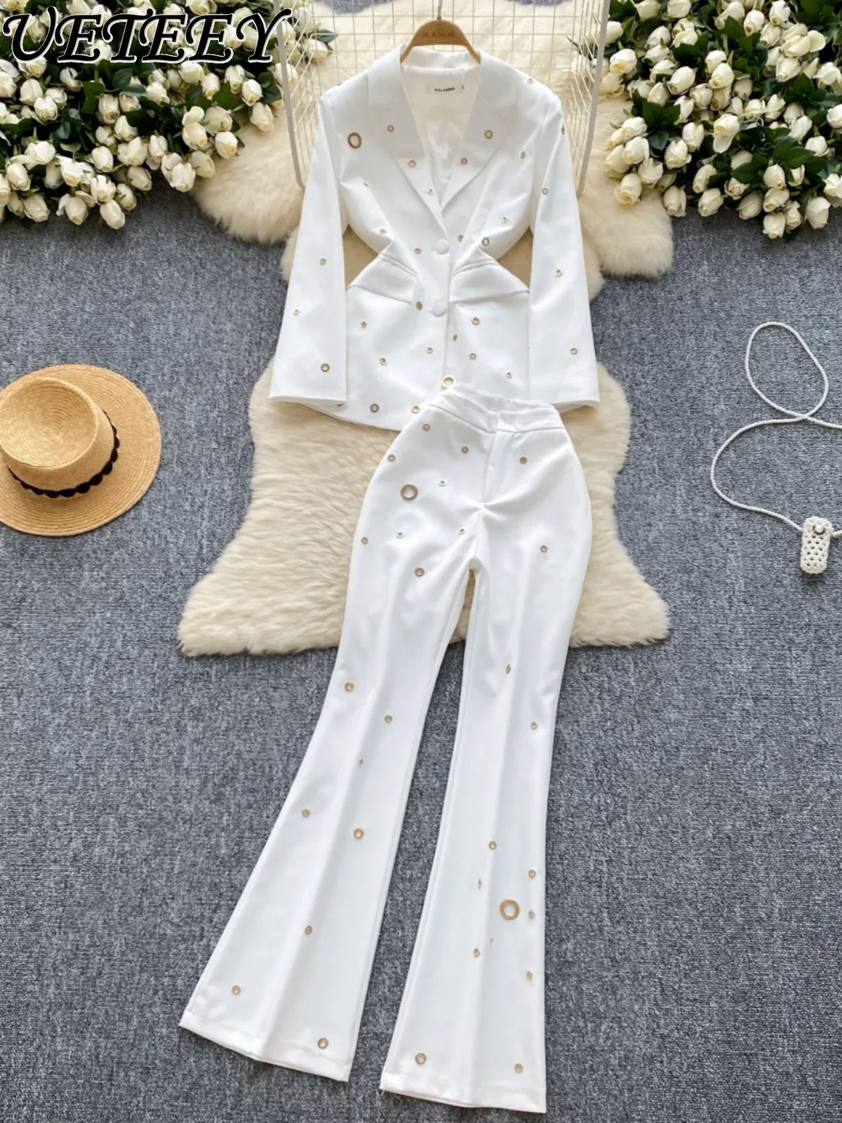 Light Familiar Style Female Professional Commuting  Metal Buckle Waist Versatile Blazer + High Waist Long Pants Two-piece Set