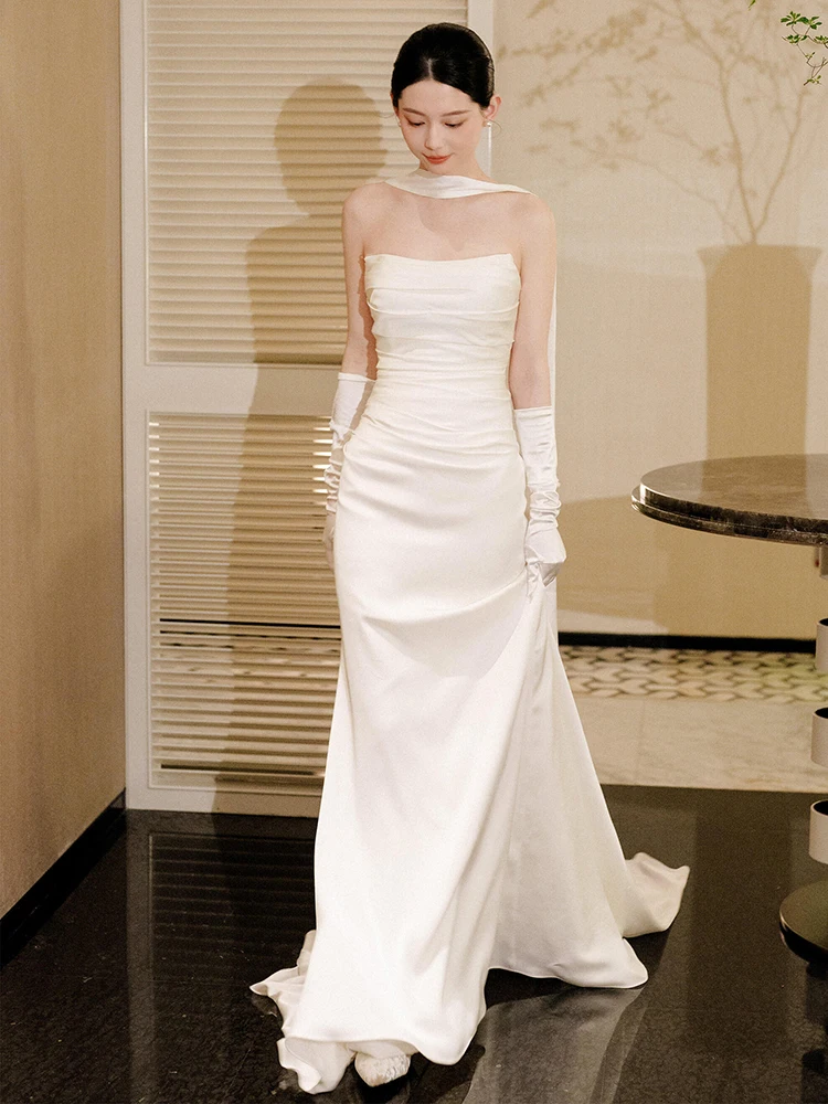 

Элегантное атласное свадебное платье для помолвки и церемоний, белое, с юбкой-русалкой и шлейфом, для молодых женщин, производство Китай