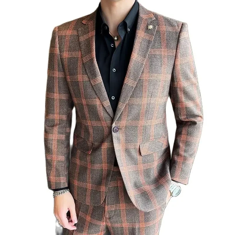 

S-5XL Four Seasons Men's (suit + Trousers) Single Button Plaid Fashion Business Casual Formal Dress Banquet Dress Two-piece Suit