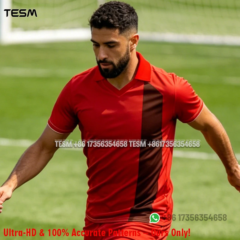 Men Red Retro Polo Collar Soccer Jersey No.9 Print Short Sleeve T-shirt Breathable Football Training Tops Unisex Sports Streetw