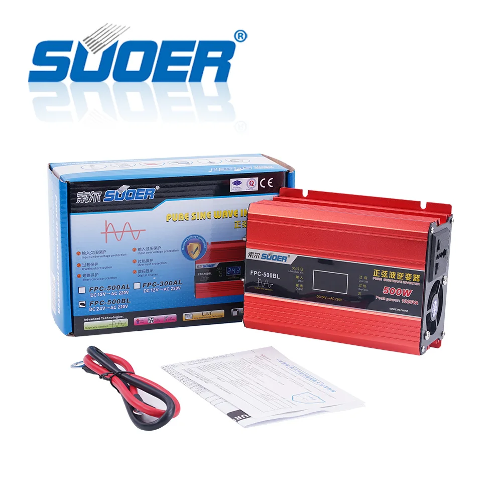 Suoer 【 Pure Sine Wave Inverter 】Pure Sine Wave Solar DC AC 24V 220V 500W Off Grid Inverter (FPC-500BL)