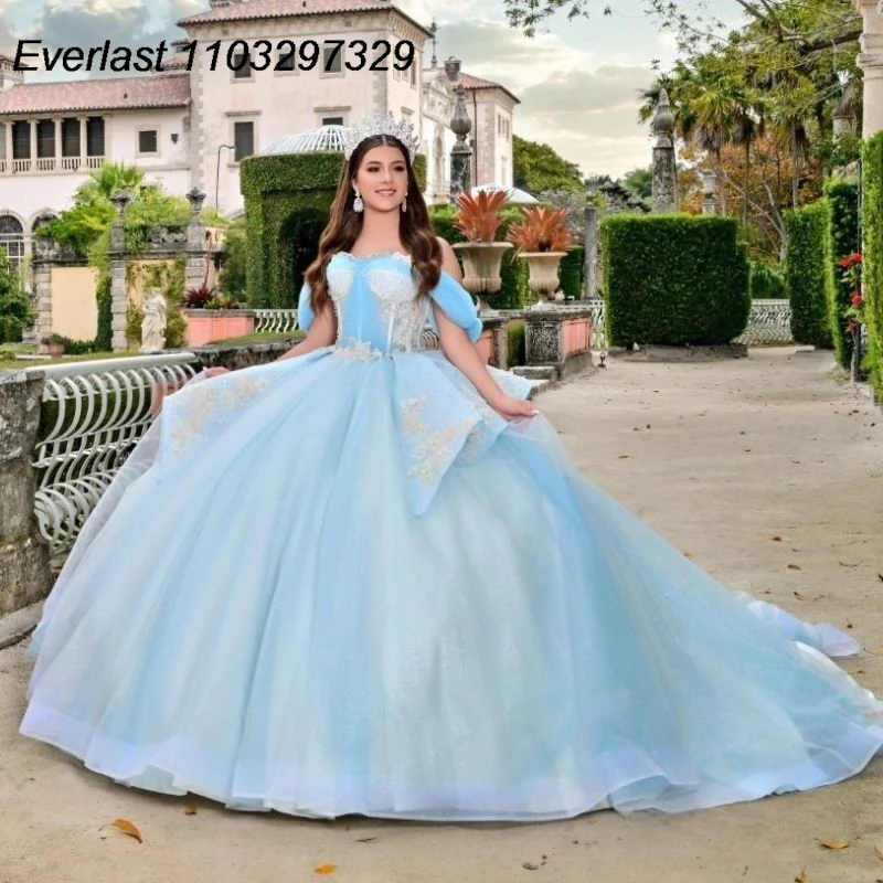 

EVLAST Customized Sky Blue Quinceanera Dress Ball Gown Shiny Applique Beaded Crystal Bow Sweet 16 Vestido De 15 Anos QD1035