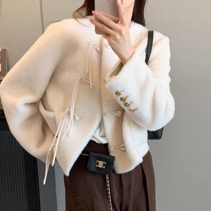 2023 Winter neue Frauen Lamm Wolle Mantel Mode weibliche elegante einfarbige Rundhals ausschnitt Kunst pelz Outwear lose lässige kurze Jacke