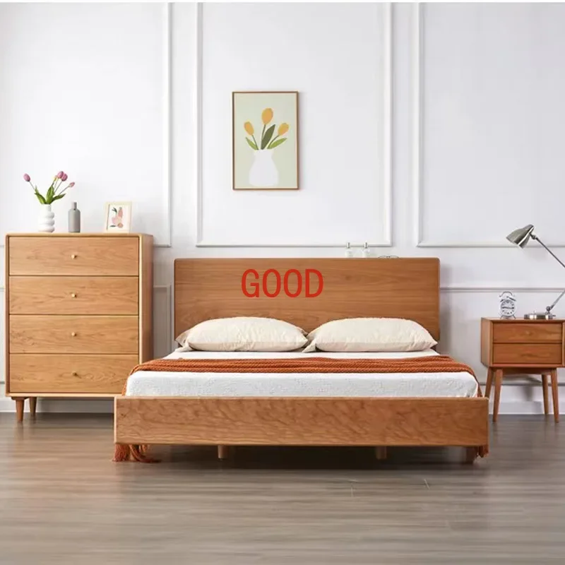 Nordic Solid Wood Bed Japanese Style Simple Cherrywood 1.8 M Master Bedroom 1.5 Double Log Antique Style