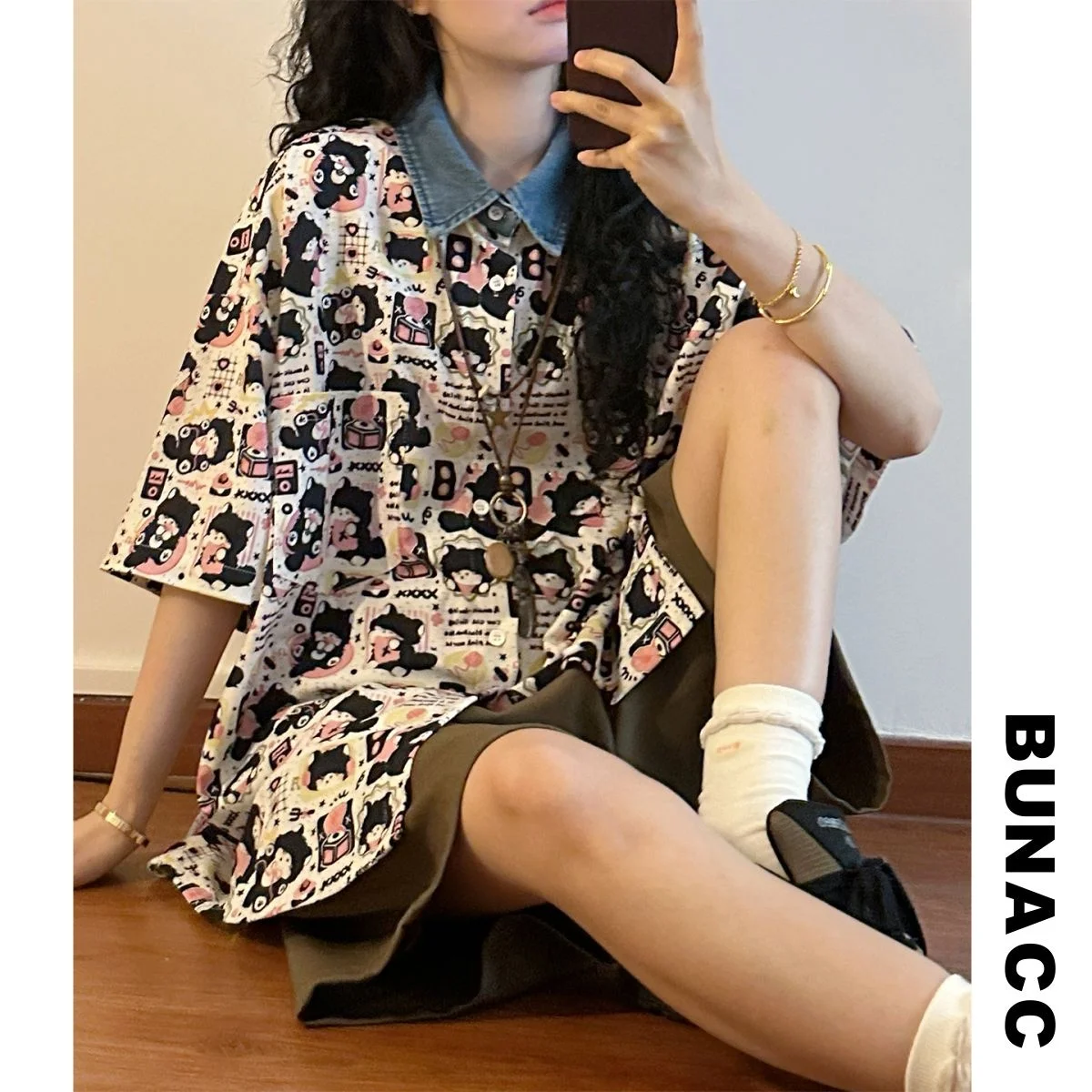 

Loose Casual Women's Short Sleeve Denim Shirt Summer Cartoon Print Vintage Hong Kong Style Versatile Comfortable Casual Shirt