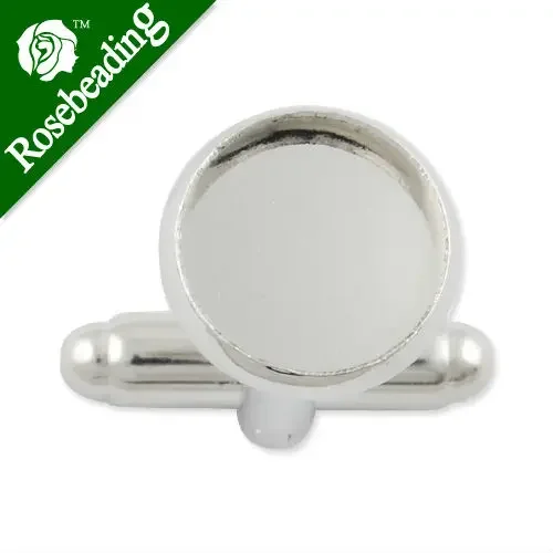 Rhodium Plated Cufflink Blanks with round bezel setting match 10mm cabochon Wholesale diy jewelry