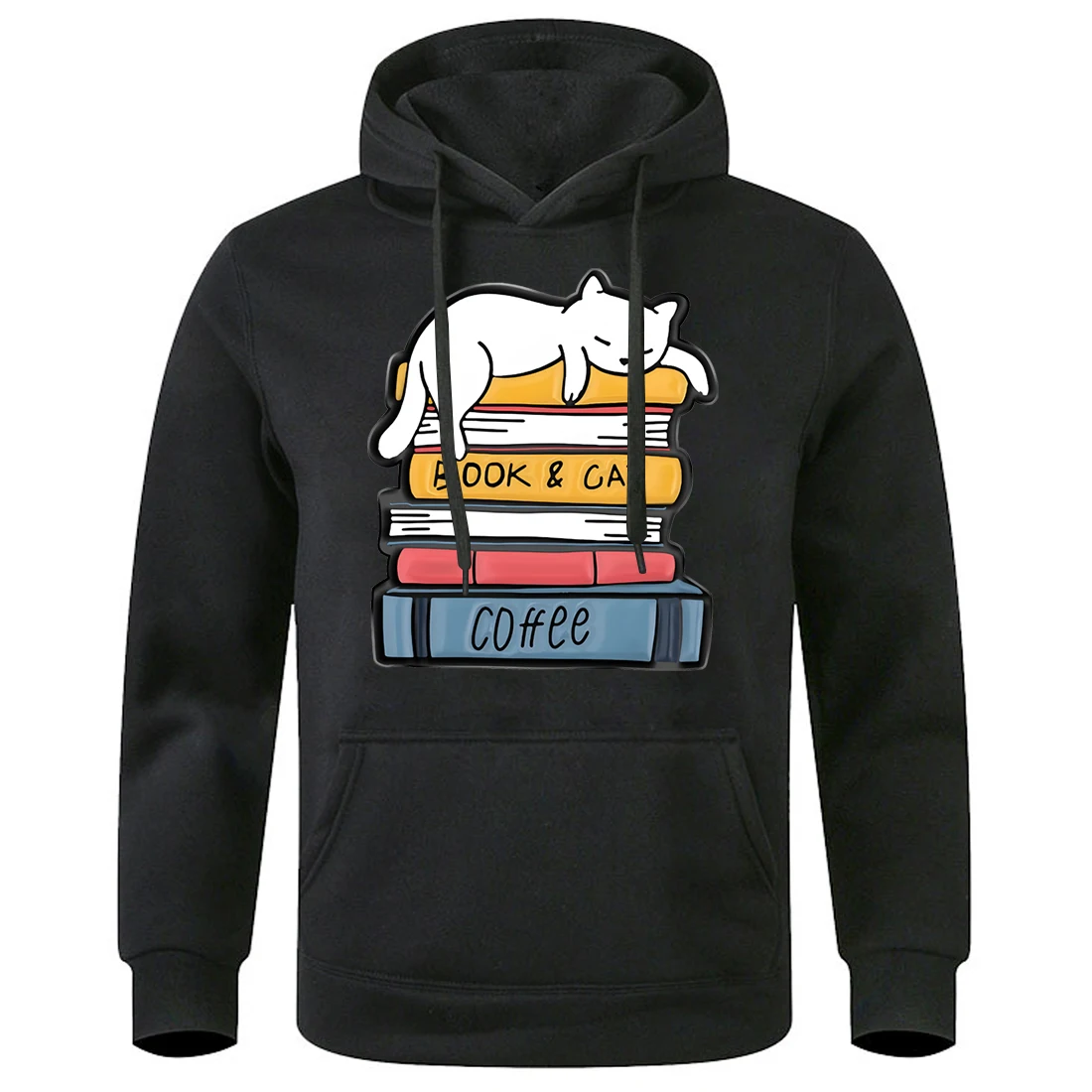 White Cat Sleeping On A Pile Of Books Men Streetwear Novelty Fashion Hoodies Man Comfortable Fleece Hooded Creative Street Tops