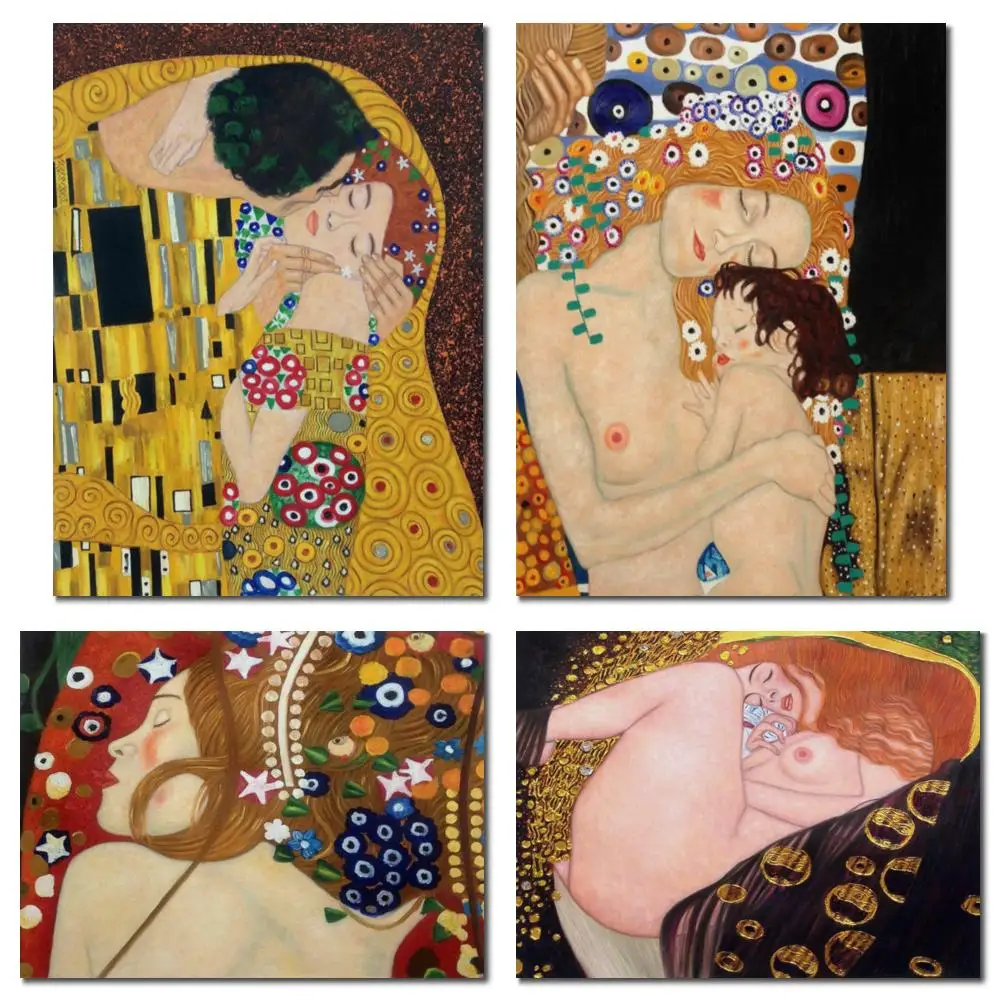 Arte en lienzo de mujer, pintura de Gustav Klimt hecha a mano para madre e hijo, obra de arte clásica Danae, decoración romántica para habitación familiar y dormitorio