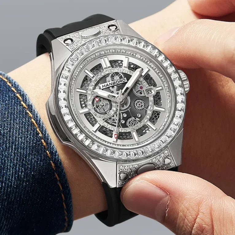 HANBORO Men Automatic Watch 42mm Mechanical Wristwatch Waterproof Luminous Skeleton Dial Sapphire Miyota8217 Quick Release Strap