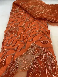 Orange Lace Fabric Nigerian Fabric 5Yards Latest Lace Fabric High Quality 2024 African Lace Fabric With Beads Party DresseA432-1