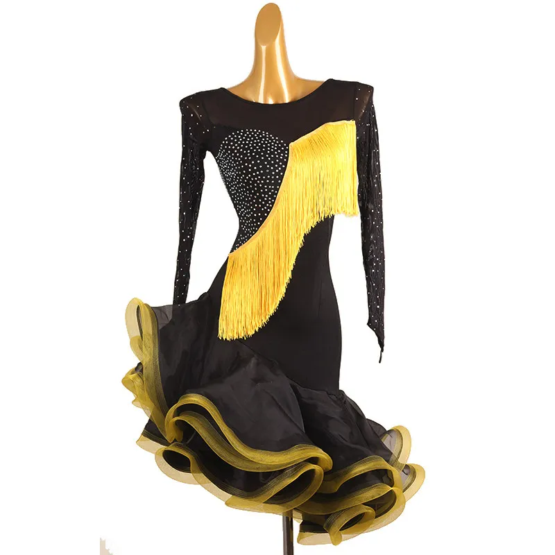 Round neck mesh long sleeve rhinestone spliced fringe multi-layer ruffle dance skirt for latin dance competition stage performan