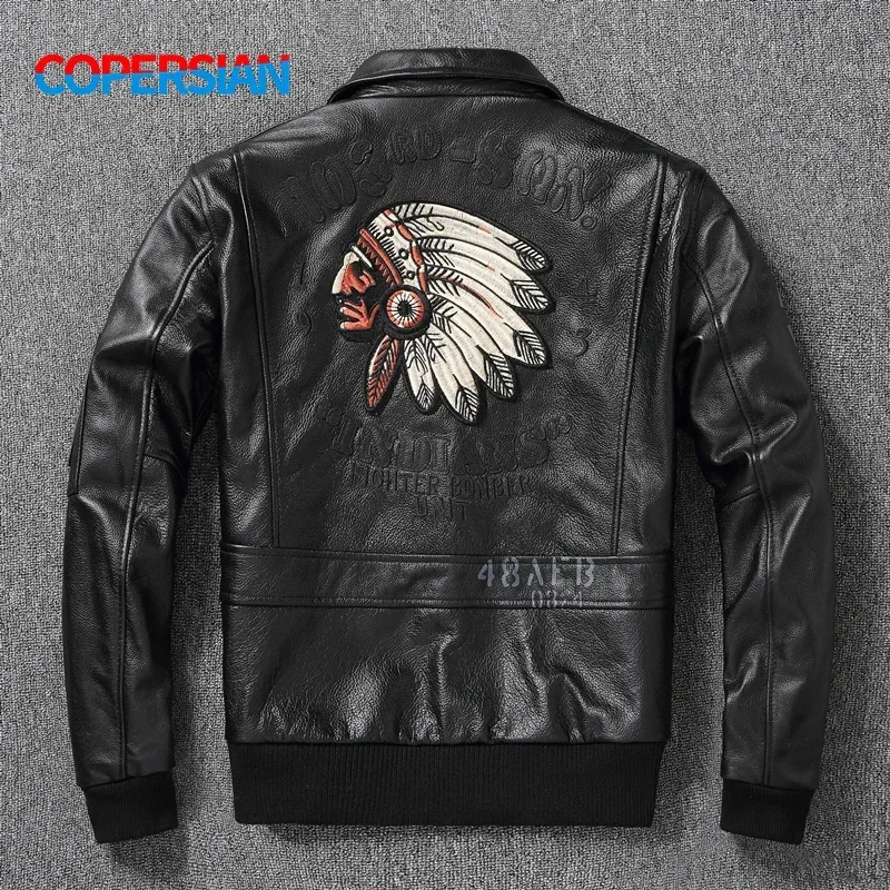 COPERSIAN 2025 latest Indian Embroidery Flight Suit Pure Top layer Cowhide Leather Jacket Men's Oversize Motorcycle Slim Coat