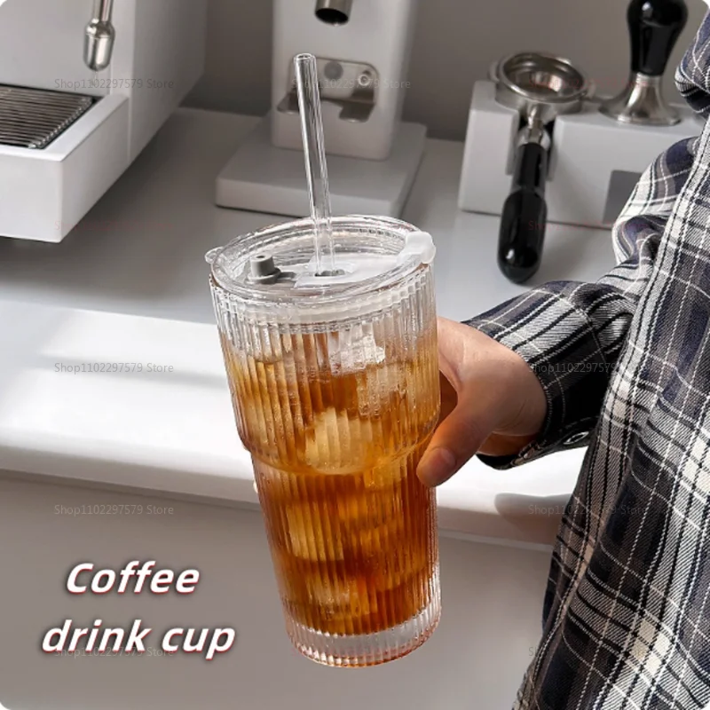 سعة كبيرة مع غطاء وقش كوب زجاجي بنمط عمودي كوب شاي فواكه كوب ماء للشرب كوب قهوة ثلج كوب شرب كوب شرب
