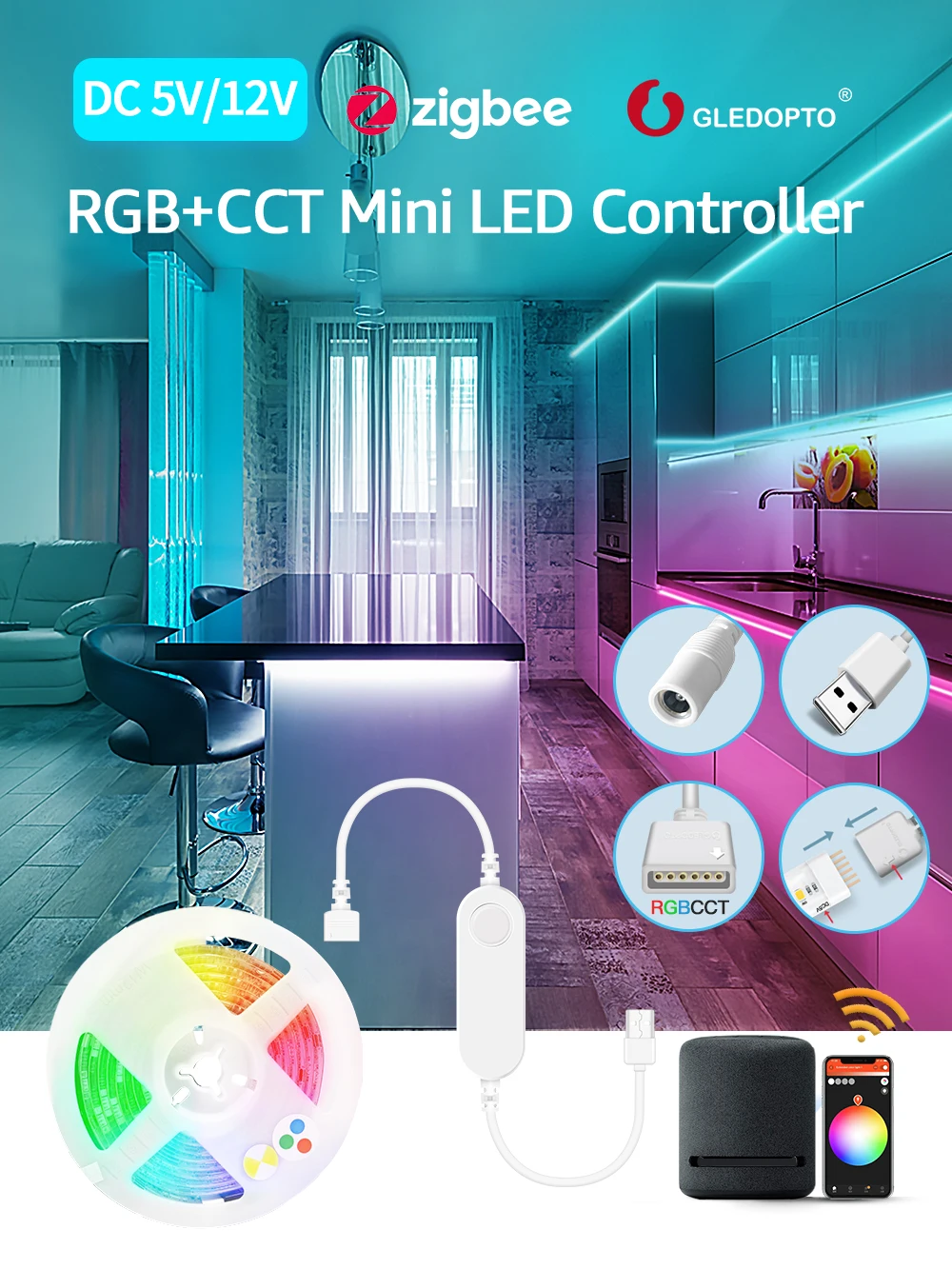 ZIGBEE + 2.4G RGBCCT controller 5V USB interface with button dimmable voice APP control