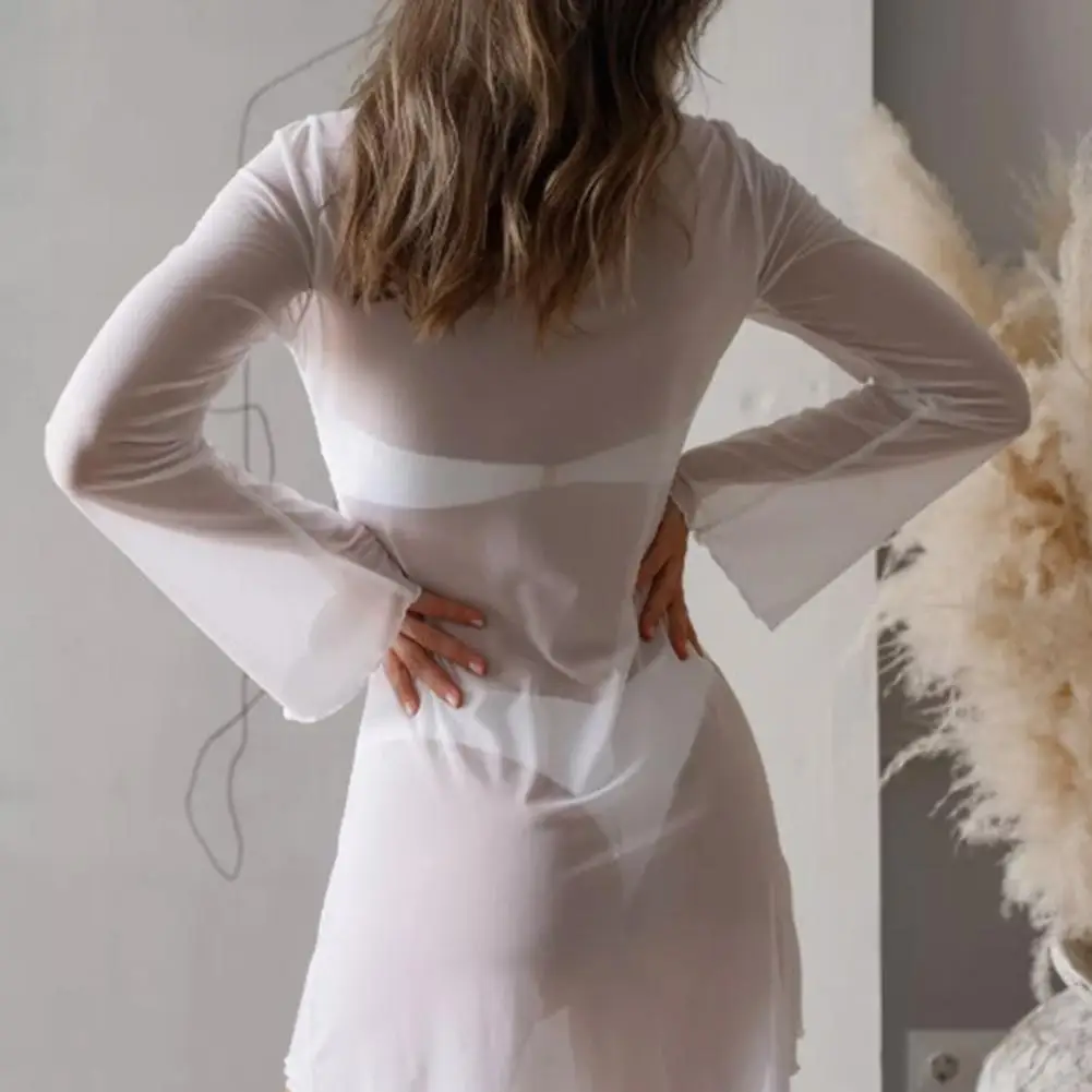 ビーチメッシュスカートドレスシックなシアーメッシュ水着カバーアップベルスリーブビーチドレス夏休みの衣装女性のセクシーなビキニ